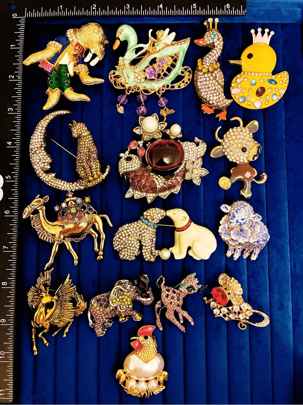 15pc Animal Brooch Pin Lot Rhinestone Enamel Swan Duck Dog Camel Lamb Horse